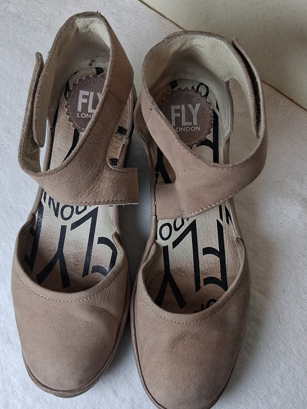 Fly London Women's Taupe Suede Mary-Jane Strap Mules